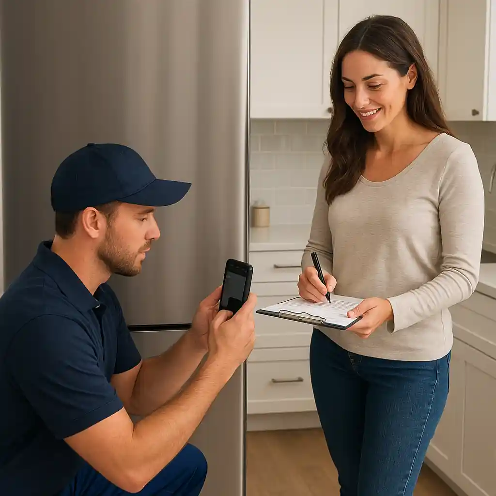 Delivery technician taking photo of appliance serial sticker with owner signing delivery paperwork