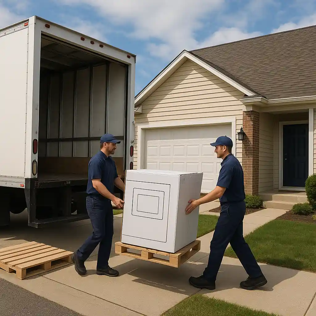 Delivery crew unloading an appliance at a home with installers carrying the boxed item