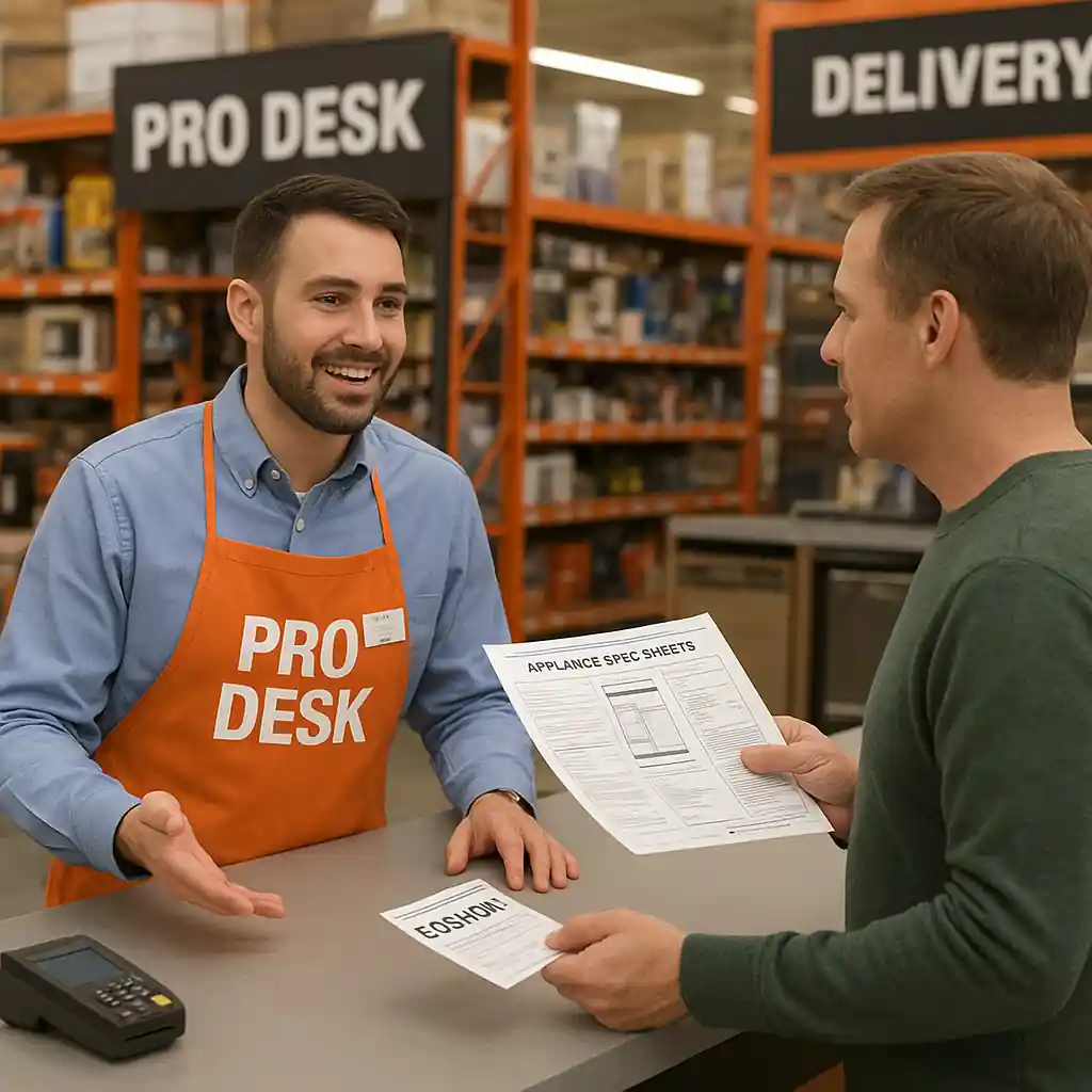 Pro Desk associate reviewing appliance details and coupon eligibility with a customer in store