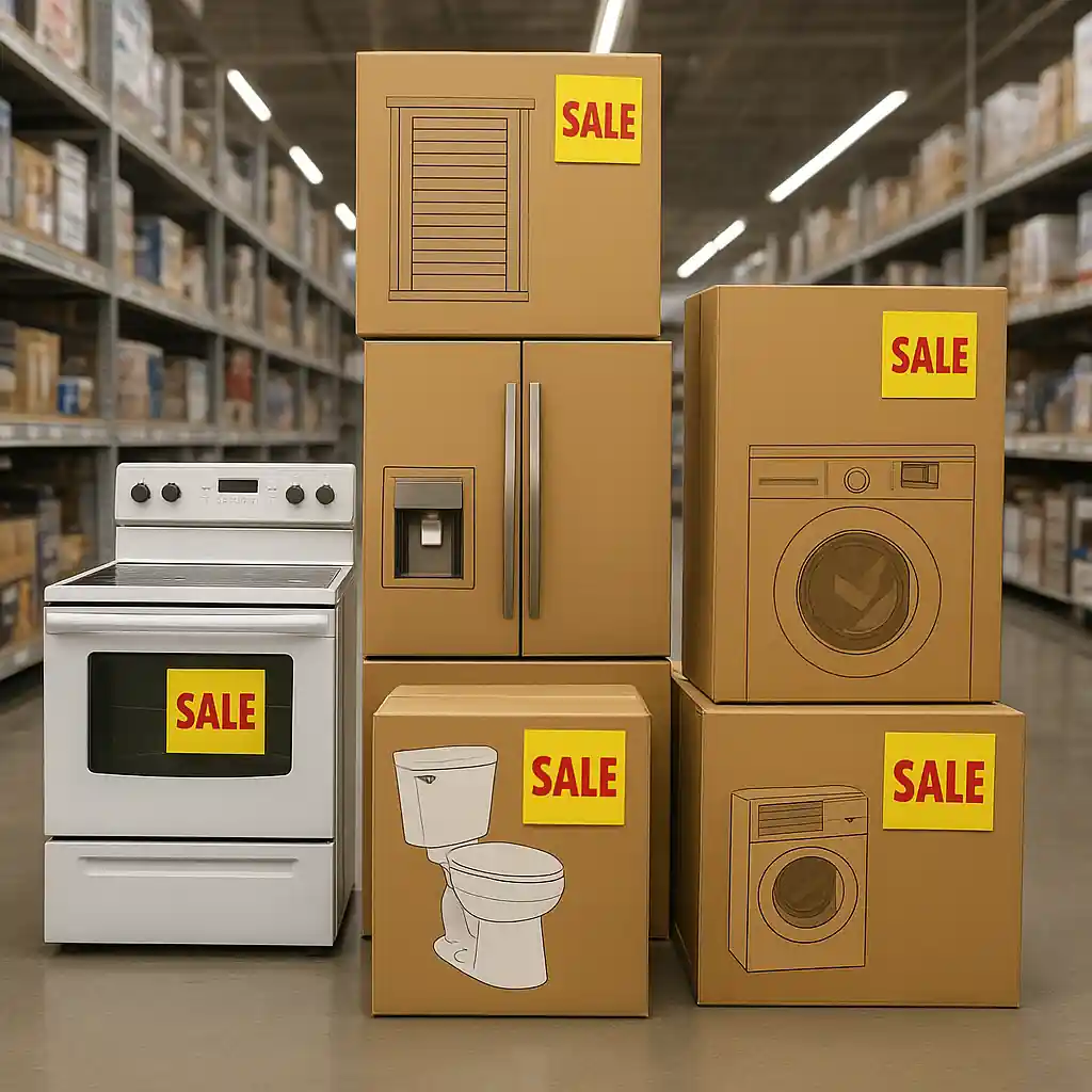 Home improvement boxes and appliances on sale with visible price tags