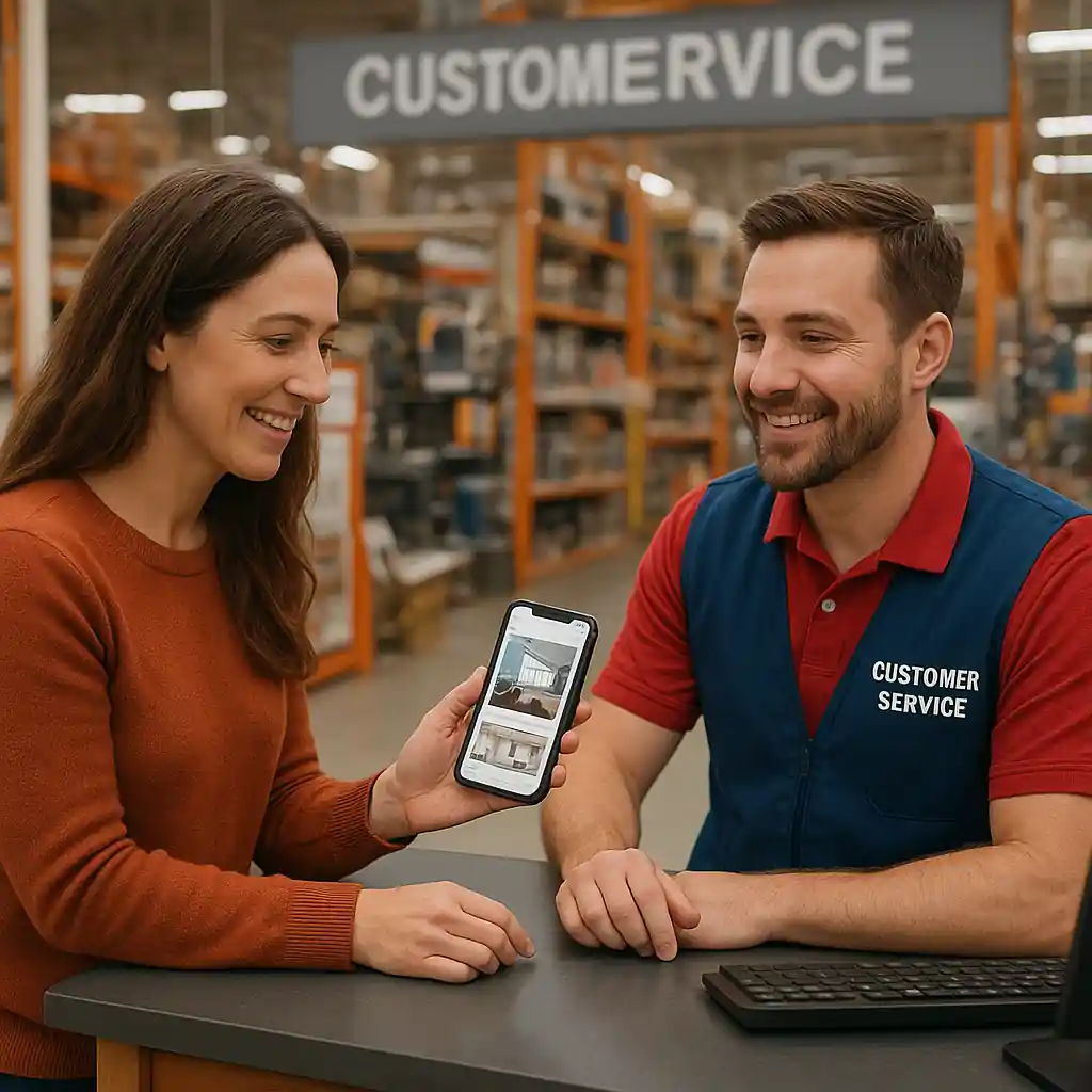Shopper showing coupon screenshots to a Lowe's customer service representative to resolve a discount issue