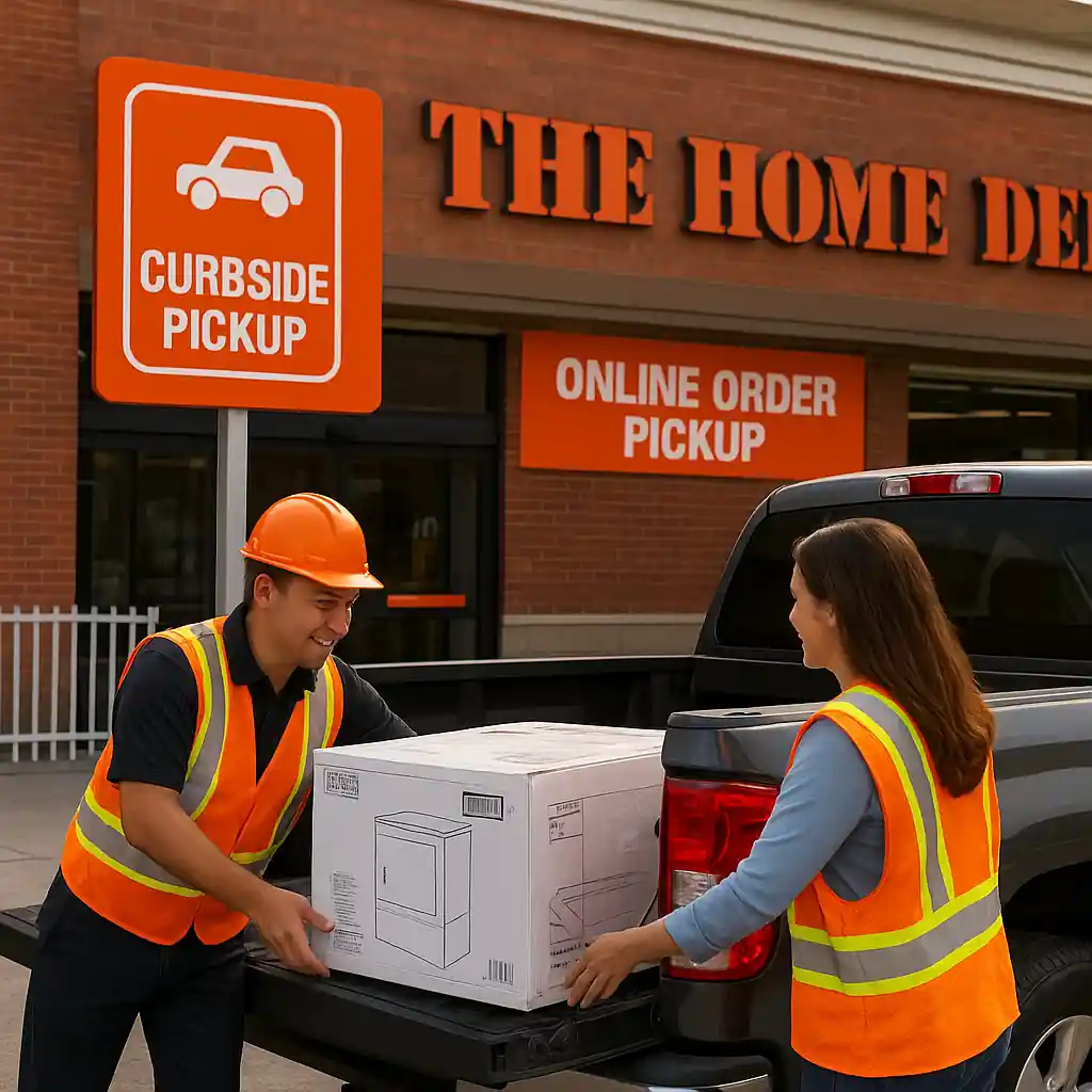 Store staff loading an appliance into a customer's truck at Home Depot curbside pickup