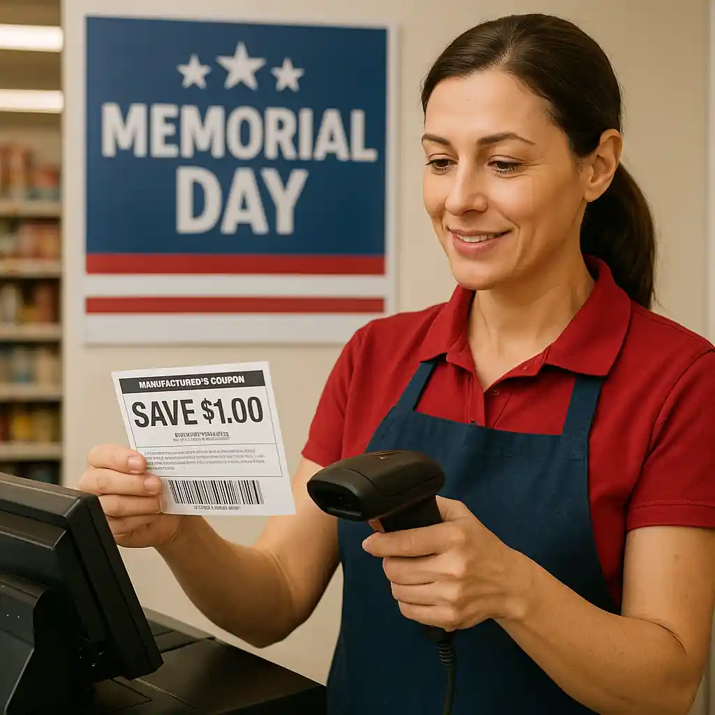 Cashier scanning a manufacturer coupon at the register while Memorial Day sale signs hang in the background