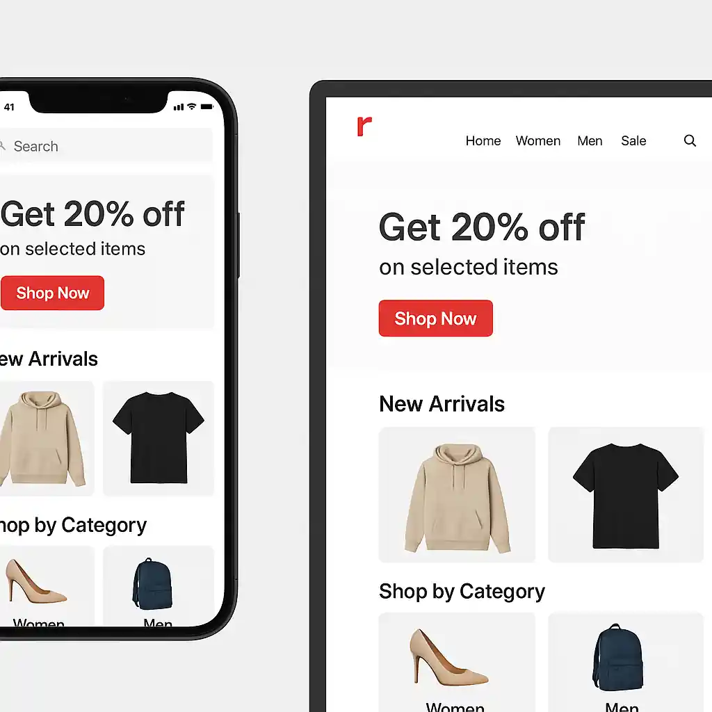 Mobile app and desktop website open side-by-side showing the retailer checkout screens