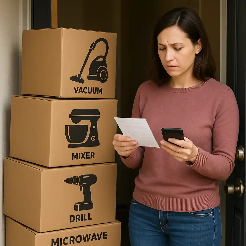 Cardboard boxes of appliances and tools with a shopper checking receipt and phone for discounts