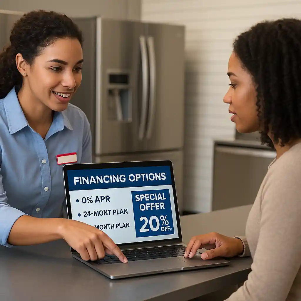 Home Depot sales associate and customer reviewing financing and discount options on a laptop at an appliance counter