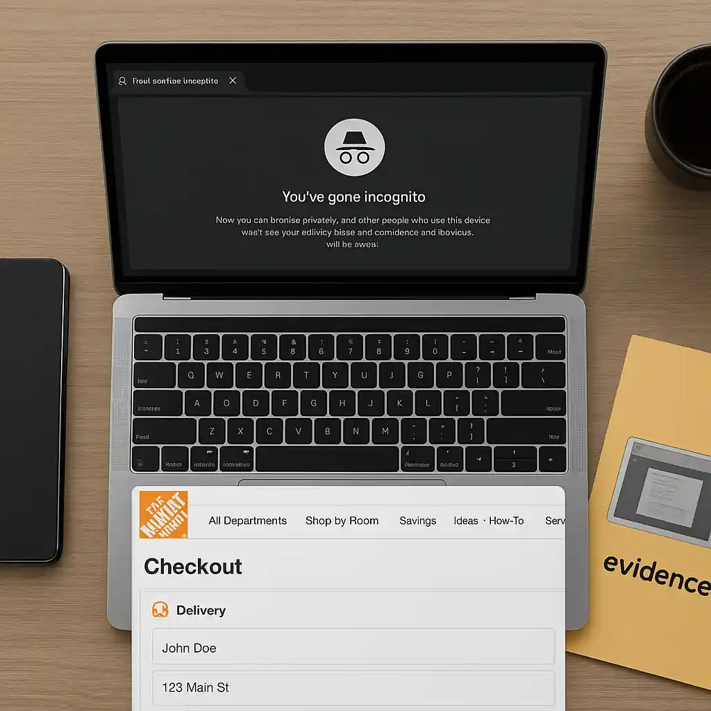 Desktop with incognito browser on Home Depot checkout page and a folder labeled evidence with screenshots inside