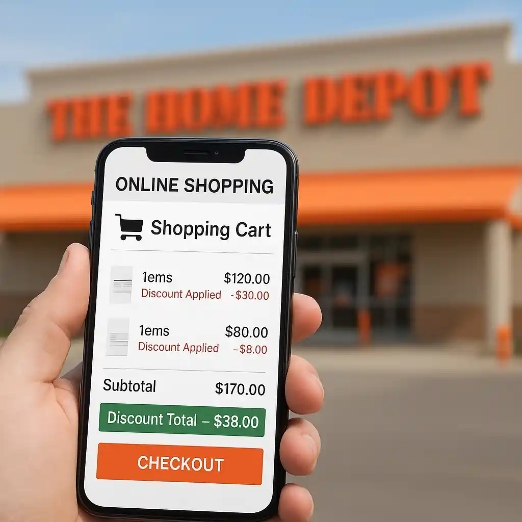 Online cart on a phone showing applied discounts during a Home Depot paint sale