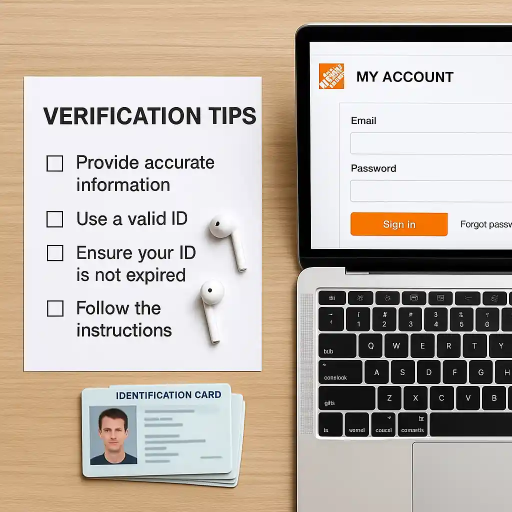 Checklist and IDs laid out next to a laptop with the Home Depot account open