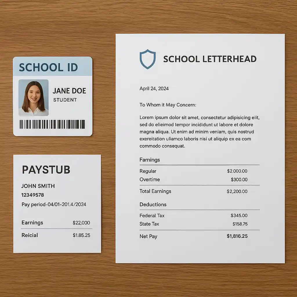 Accepted verification documents for educator discount including school ID and paystub