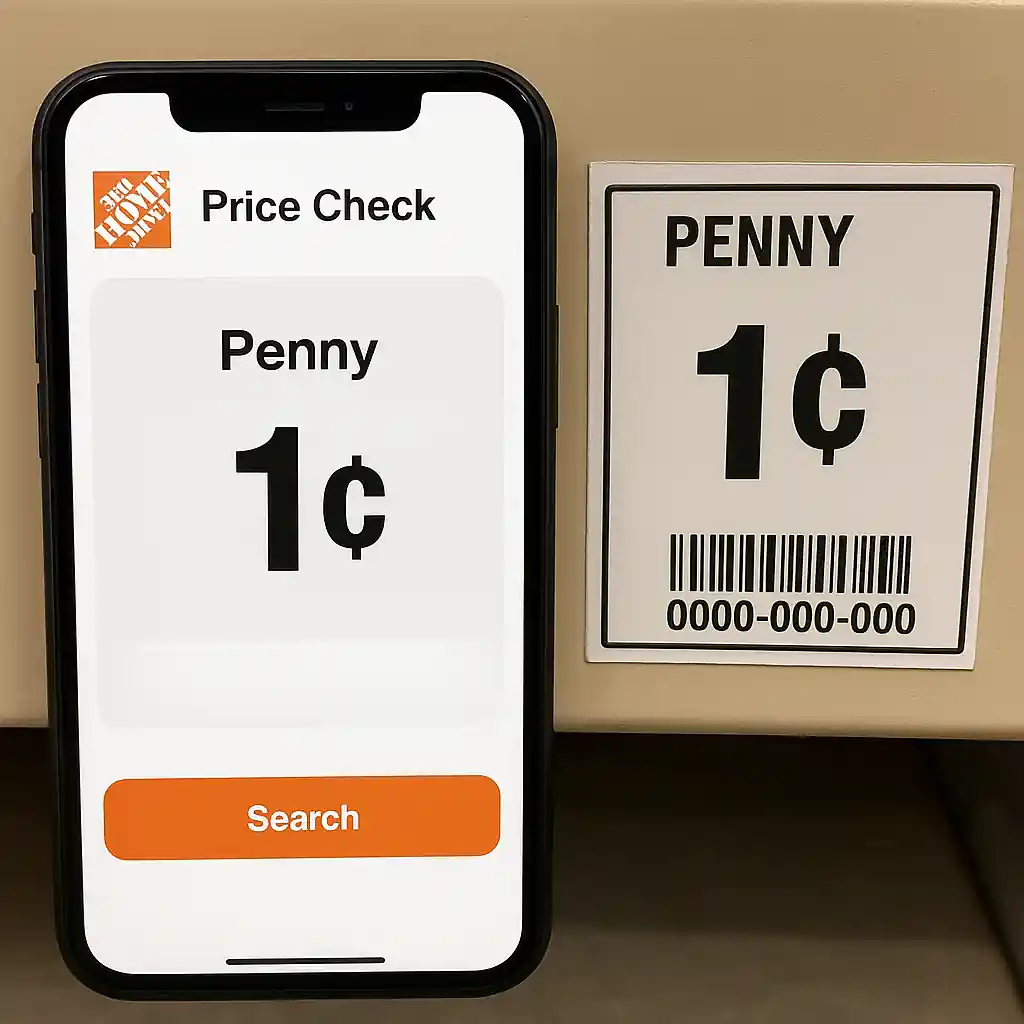 Phone showing Home Depot app confirming a home depot penny deals price