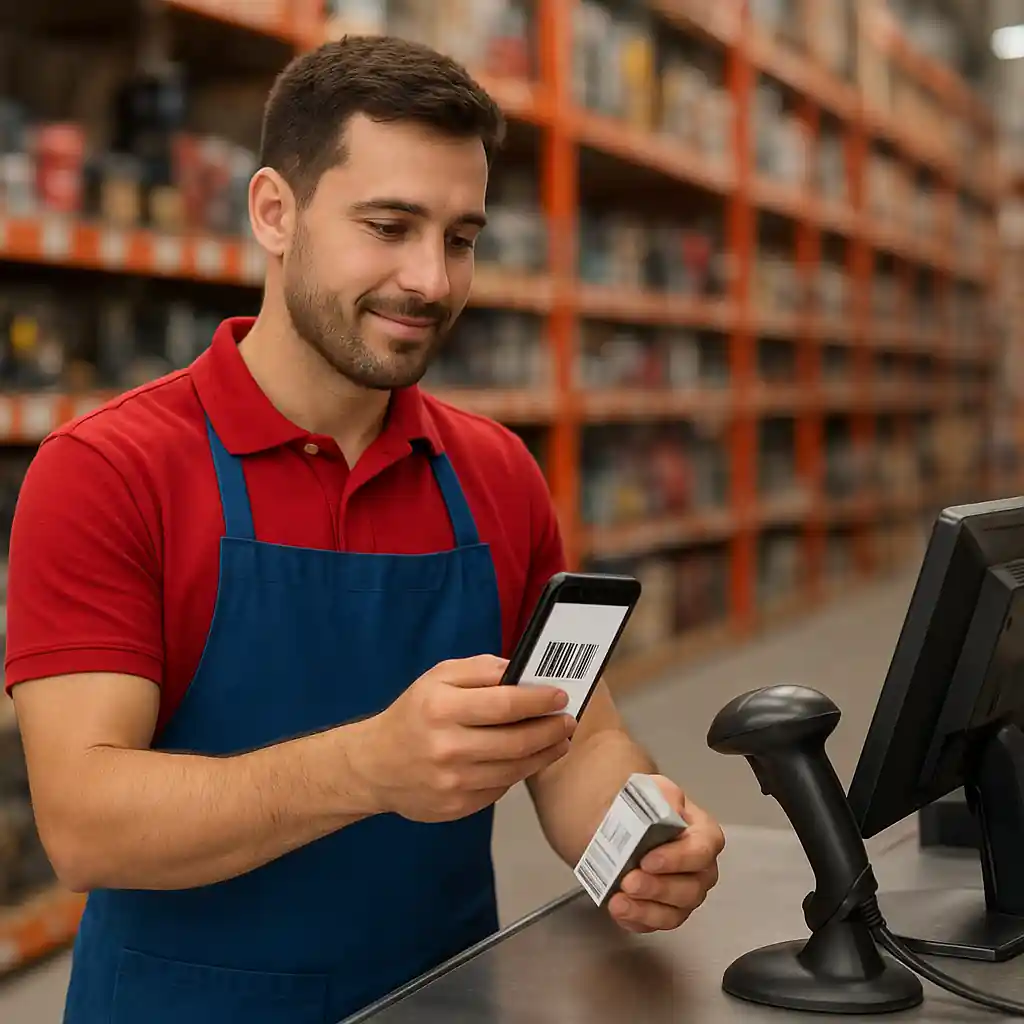 Store associate scans a coupon barcode at the register to apply a discount