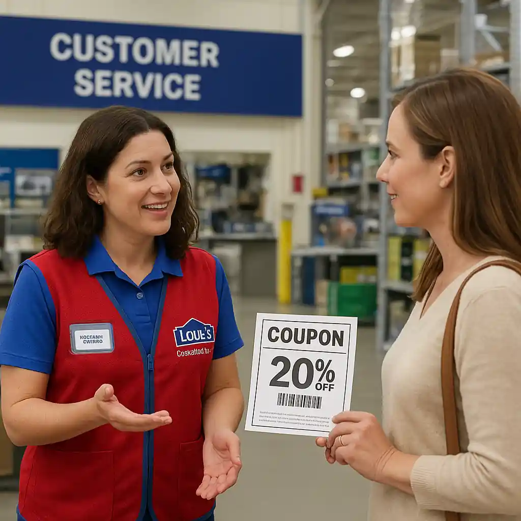 Lowe's customer service representative speaking with a shopper holding coupon details
