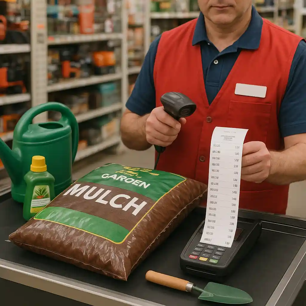 Cashier scanning mulch bags at checkout with receipt showing itemized mulch purchases