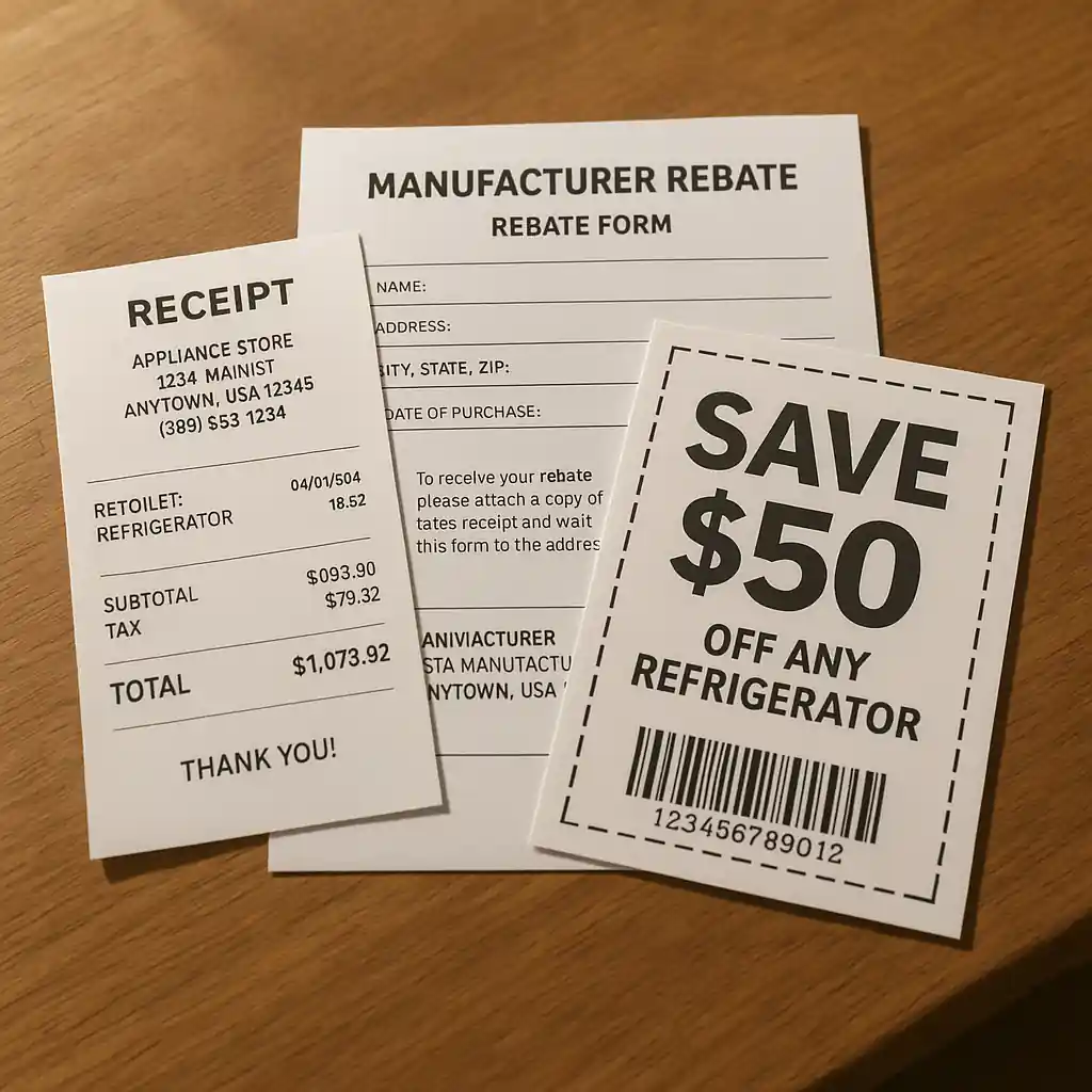 Receipt, manufacturer rebate form, and a printed coupon laid out on a table