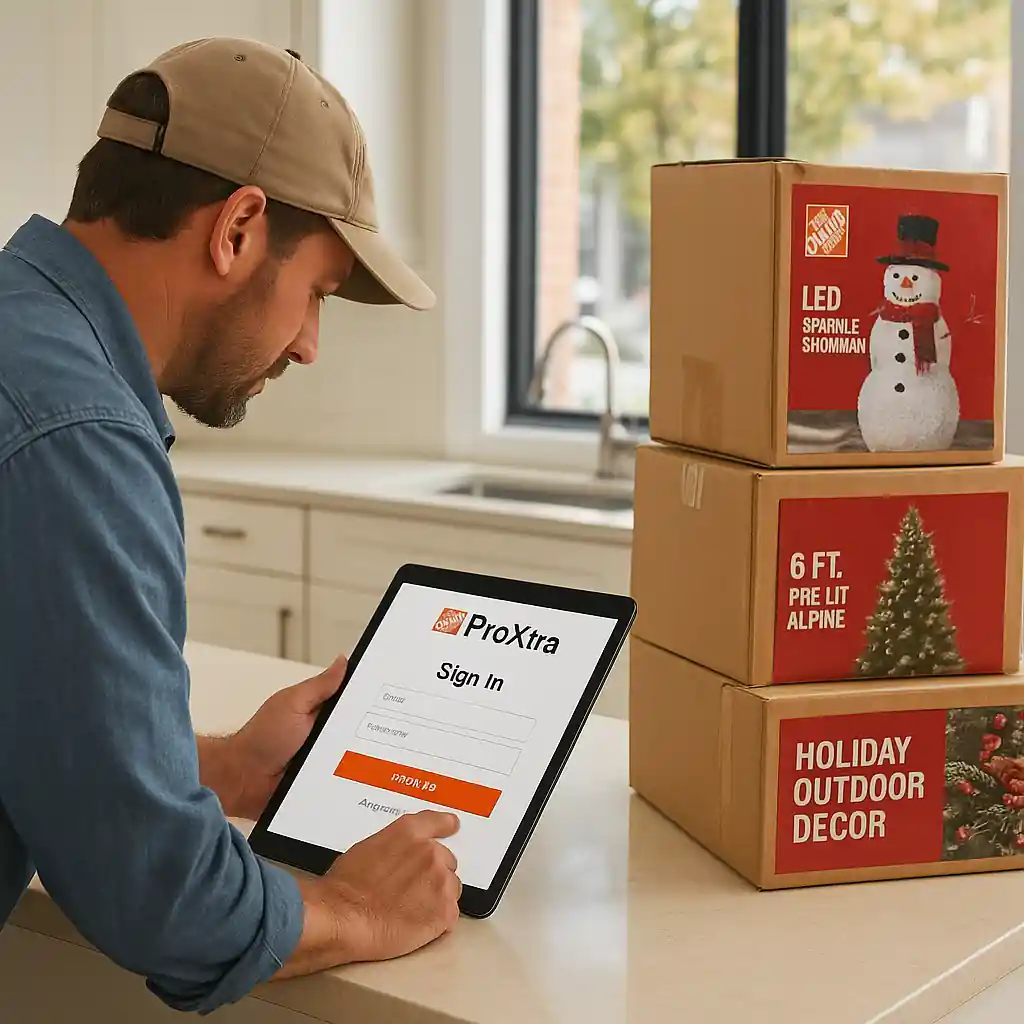 Contractor logging into Pro Xtra on a tablet before purchasing Home Depot Christmas clearance items