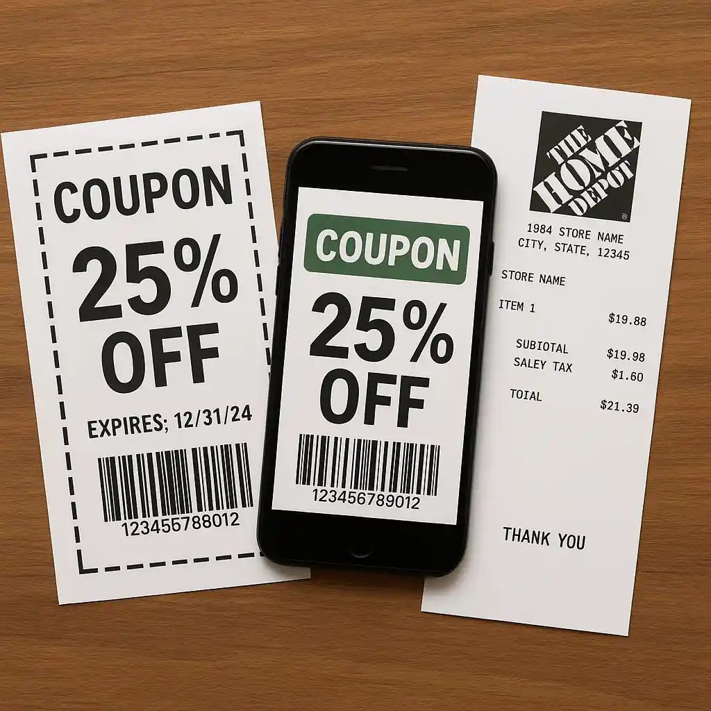 Printed coupon and smartphone barcode placed next to a Home Depot receipt