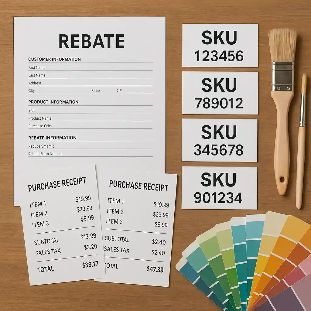 Rebate paperwork, SKU labels and receipts laid out next to paint brushes and swatches