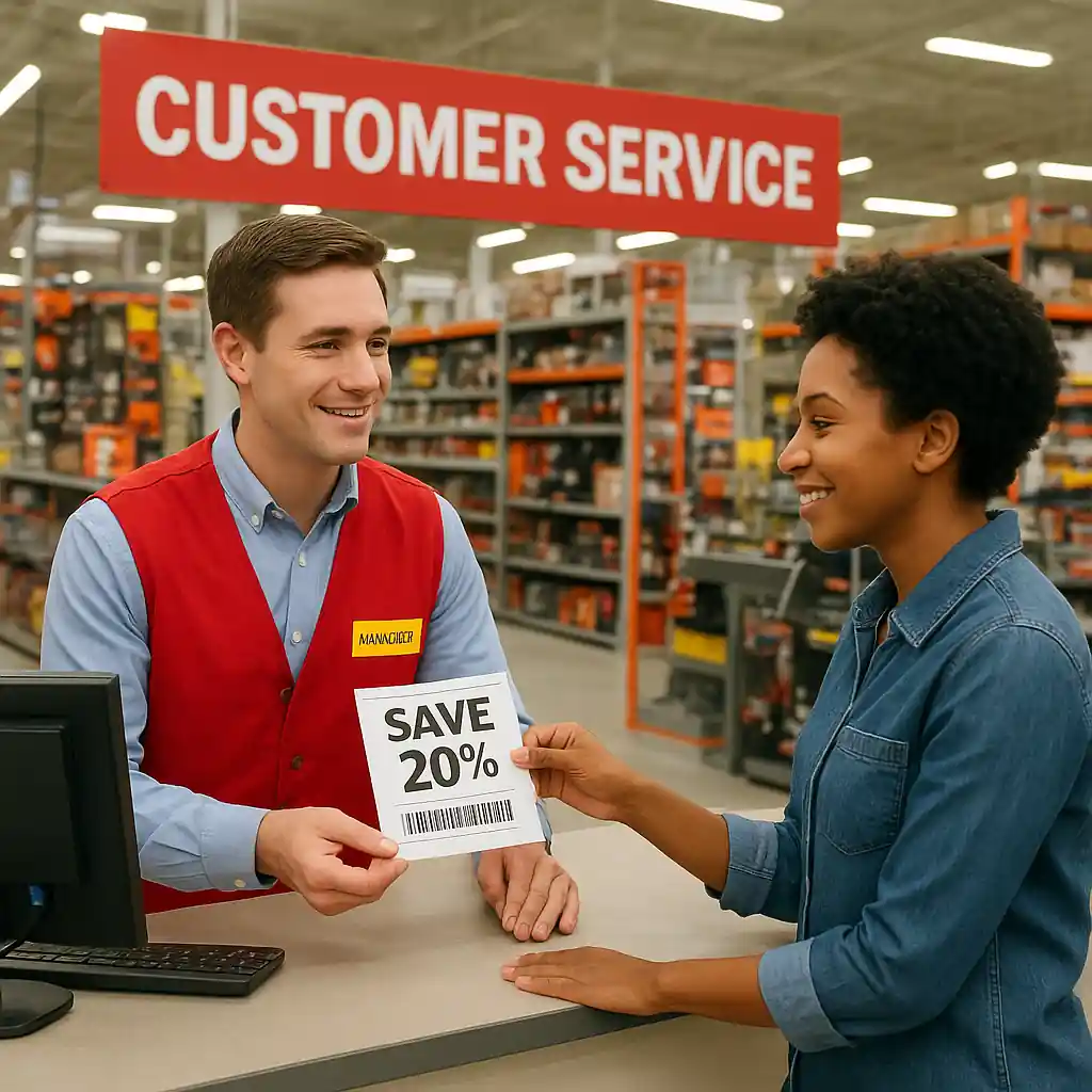 Store manager reviewing a printed coupon with a customer at Home Depot service desk