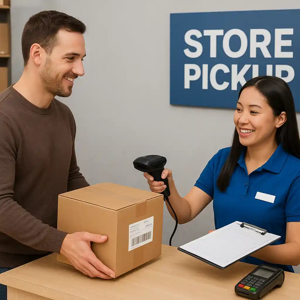 Customer collecting a Home Depot curbside pickup order while staff scans items