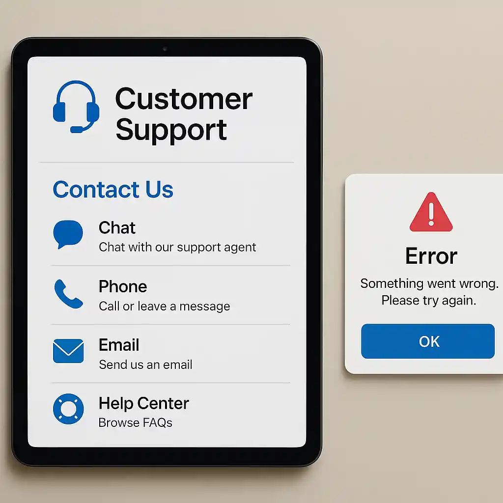 Tablet showing Home Depot customer service page and a captured checkout error message