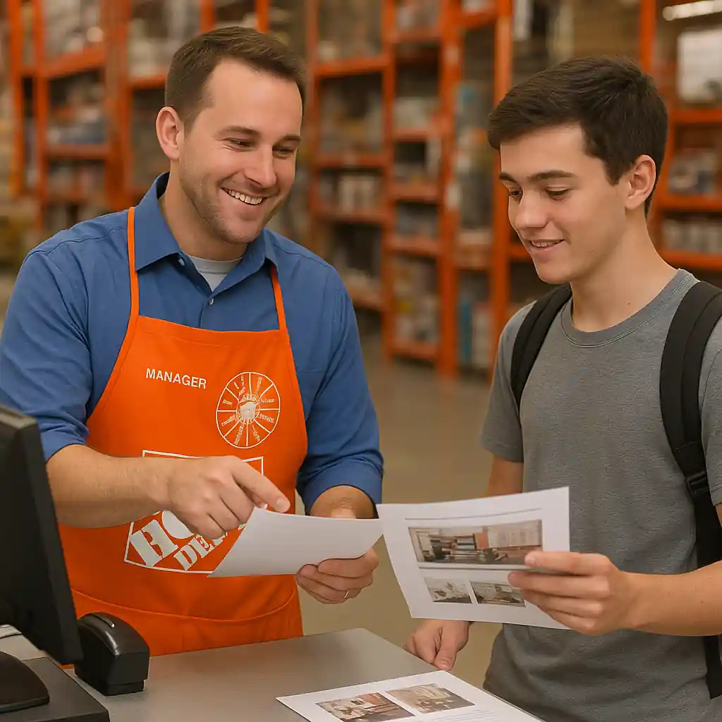 Home Depot store manager checking student enrollment documents at the register