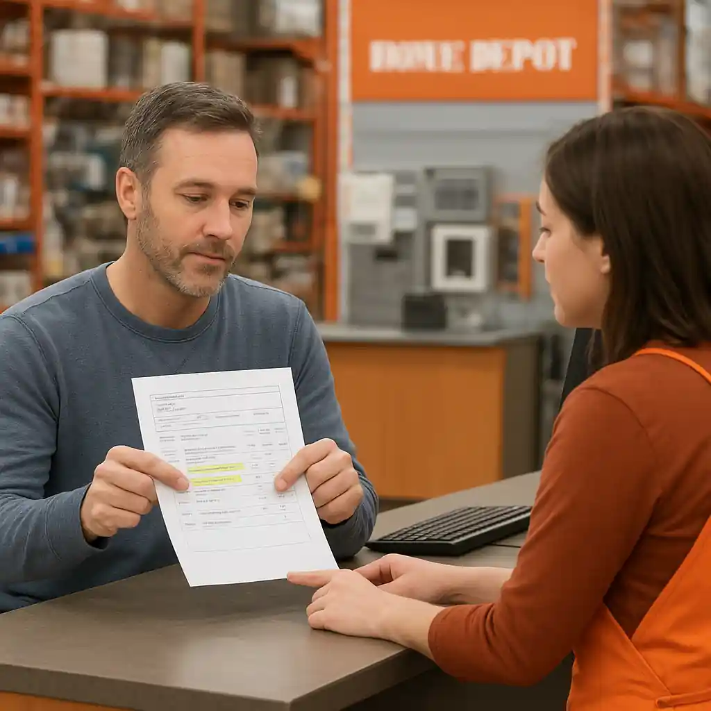 Customer at the Home Depot service desk presenting printed screenshots and circled SKU to request a price adjustment