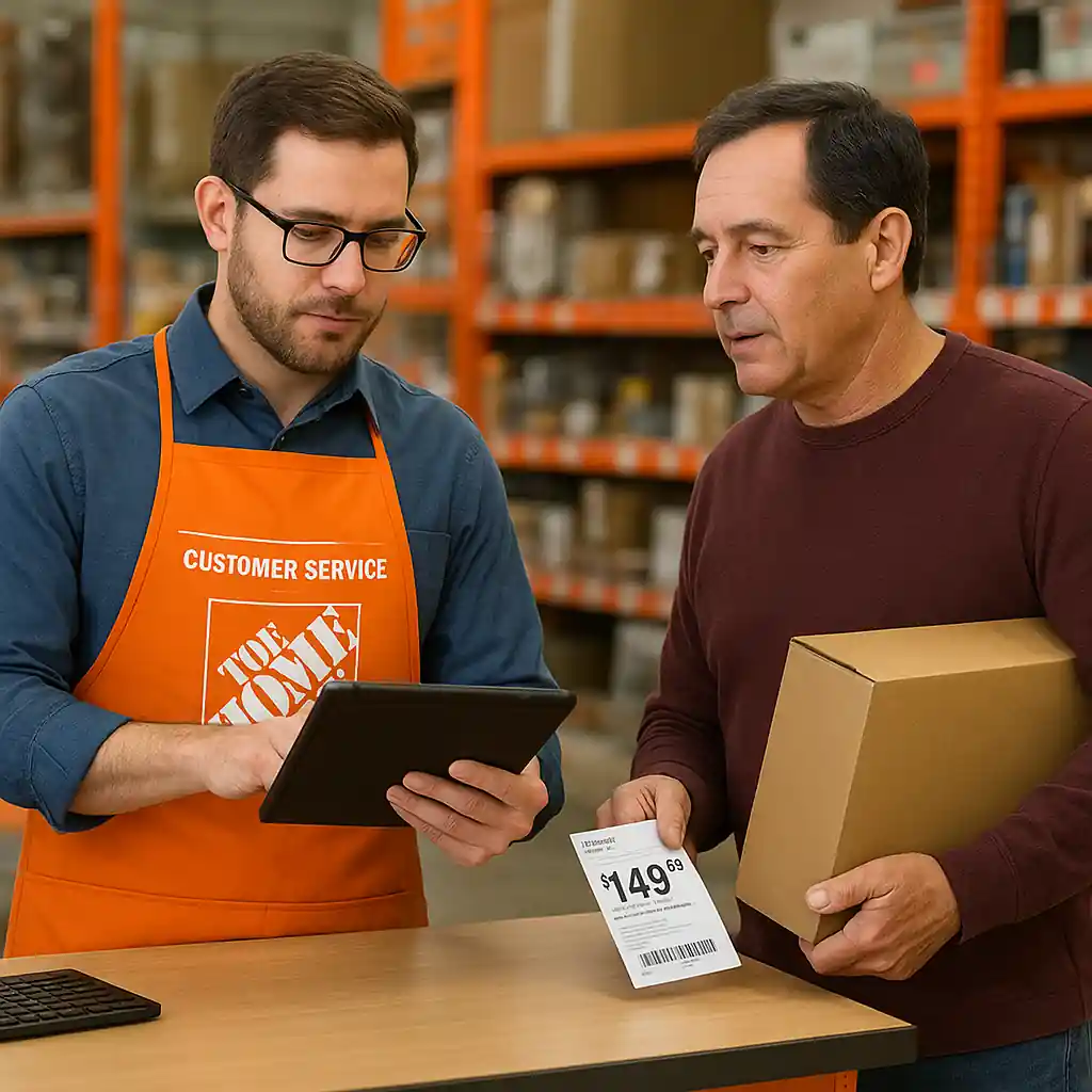 Home Depot manager reviewing a price check on a tablet with customer and shelf tag