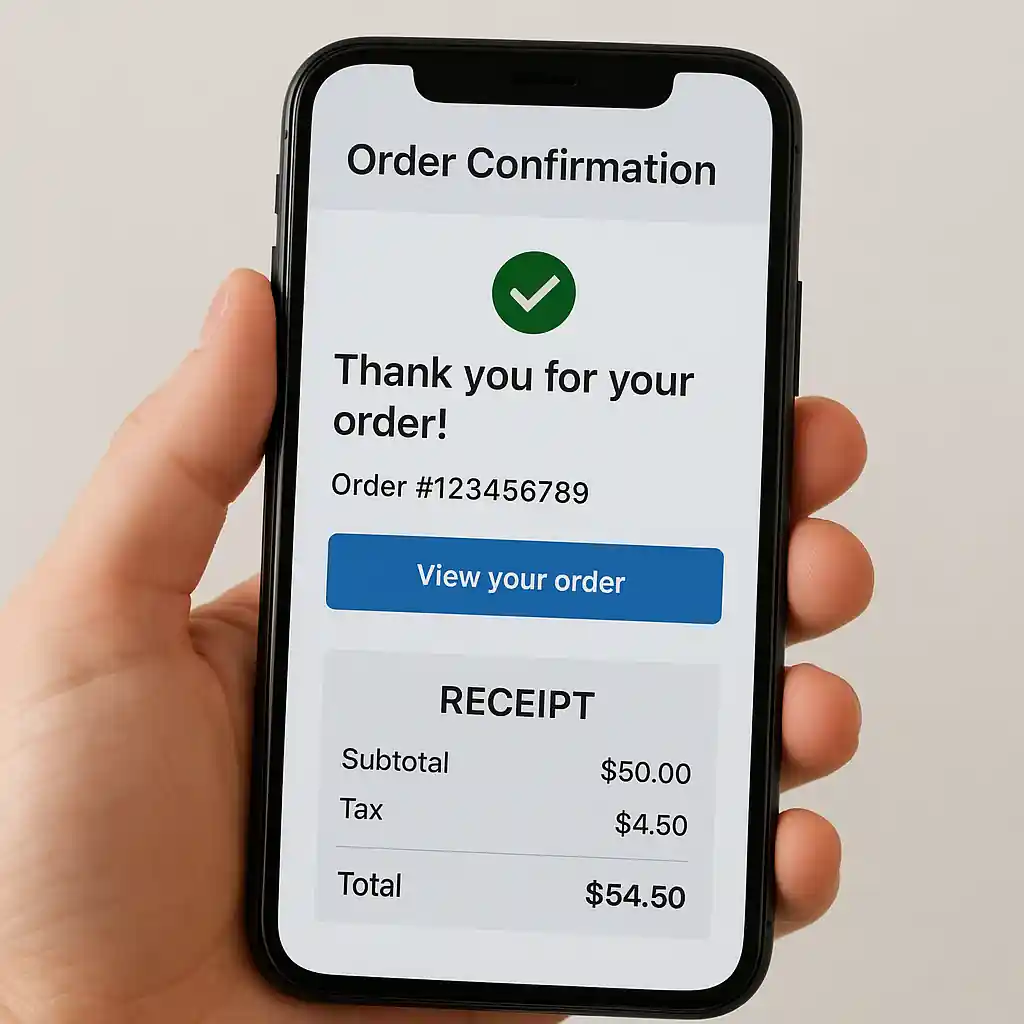 Smartphone displaying screenshots of an order confirmation and receipt