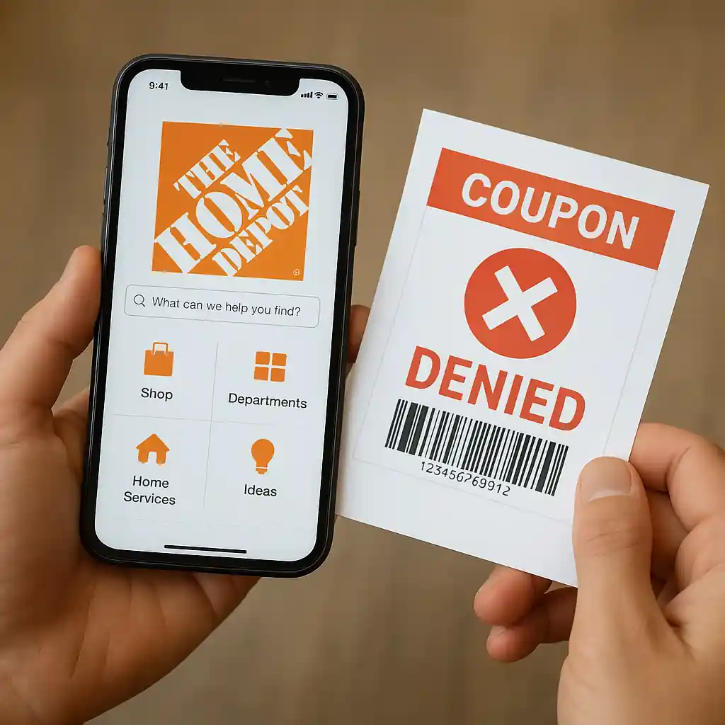 Mobile app showing Home Depot cart and a denied coupon screenshot for escalation
