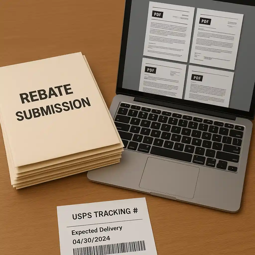 Organized rebate submission materials including scanned PDFs, tracking receipt, and envelopes on a desk