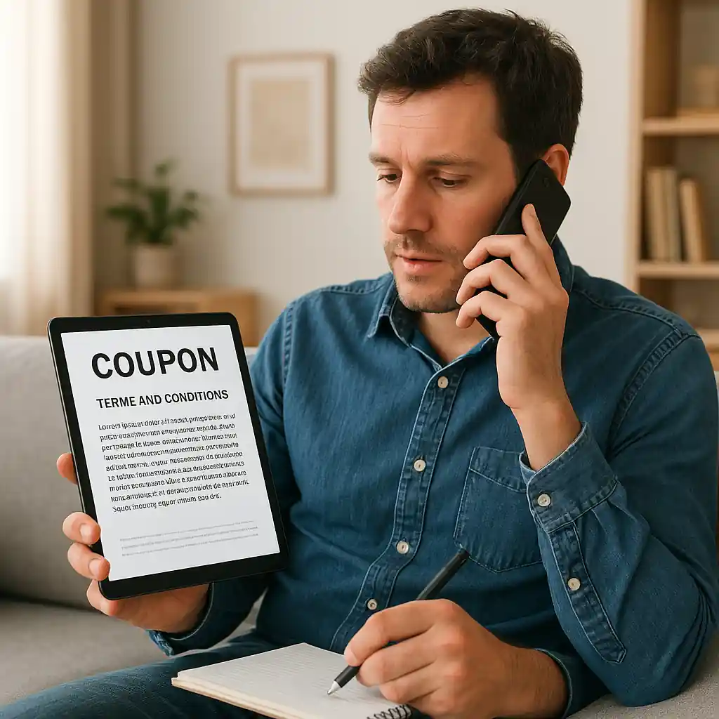 Customer on phone with screenshot of coupon terms on tablet and notes nearby
