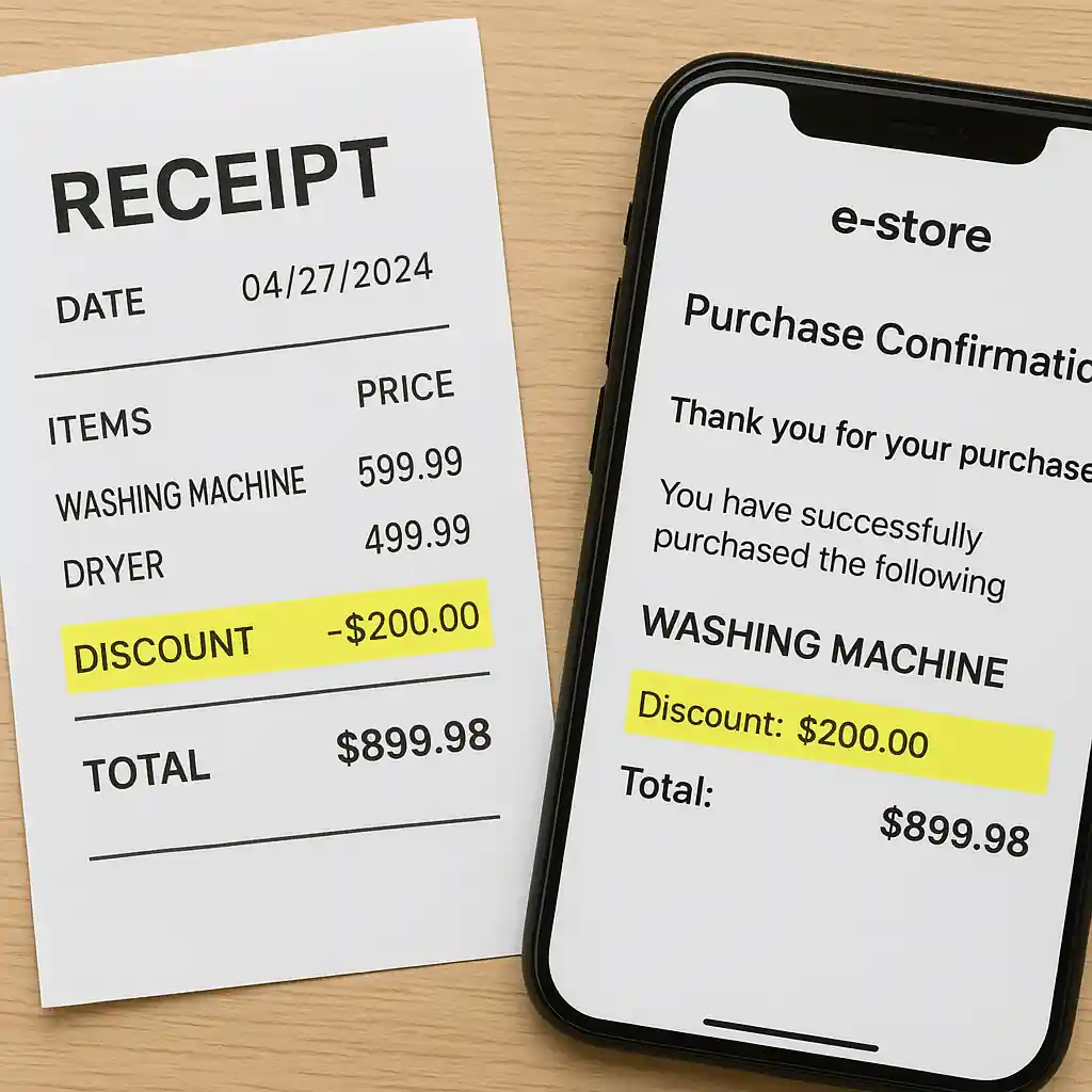 Receipt and confirmation email showing applied appliance discount after using a coupon
