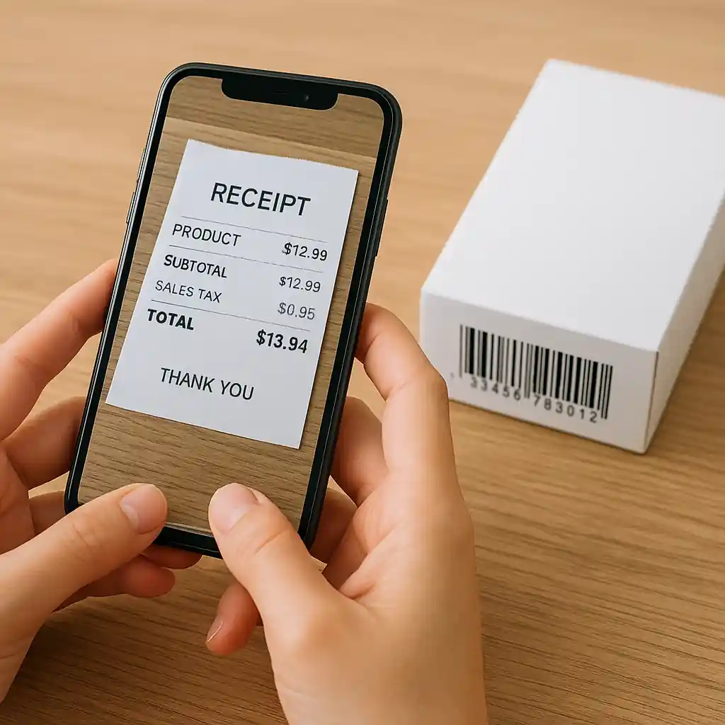 Customer photographing receipt and product barcode for rebate submission