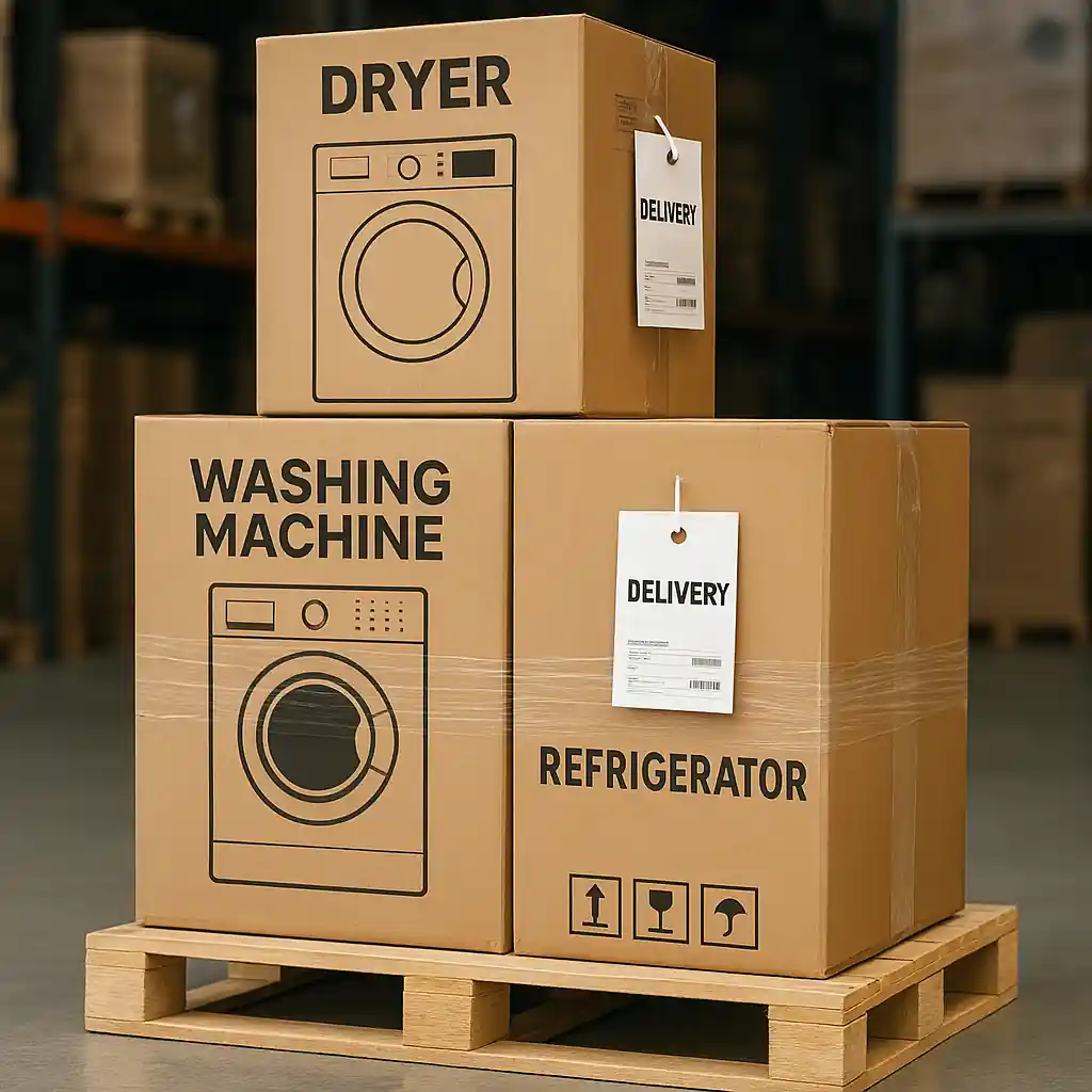 Stacked appliance boxes ready for delivery with tags and order paperwork visible