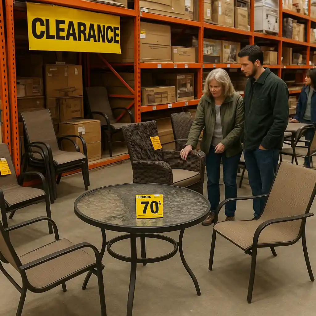 Shoppers inspecting clearance patio furniture inside Home Depot with visible sale tags