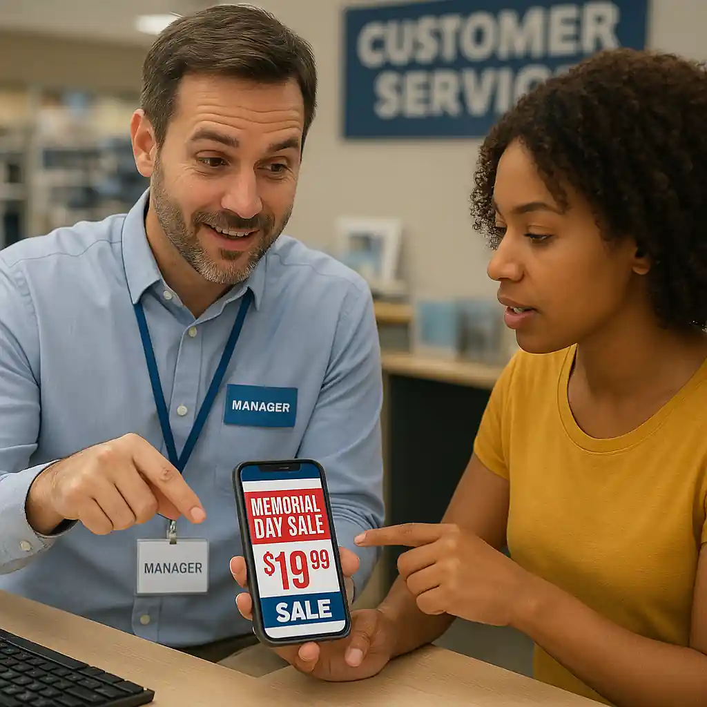 Customer and store manager comparing screenshots of a Home Depot Memorial Day sale price on a phone