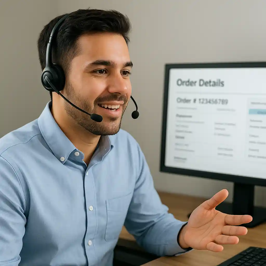 Customer support agent assisting a caller with order and promo code details